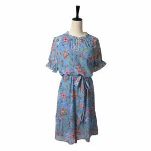 LOFT Short Ruffle Sleeve Tie Waist Dress Blue Pink Floral Women’s Size Large